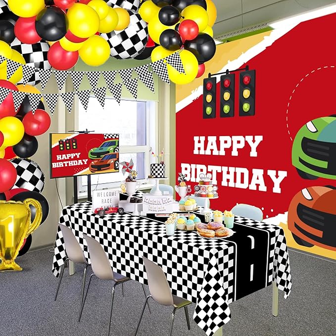 WNINK 6 Pack Race Car Table Cloth Black and White Gingham Tablecloths Disposable Plastic Buffalo Check Tablecloth Checkered Flag Covers for Birthday, Outdoor Picnic, Birthday, Camping 54 × 108 Inch