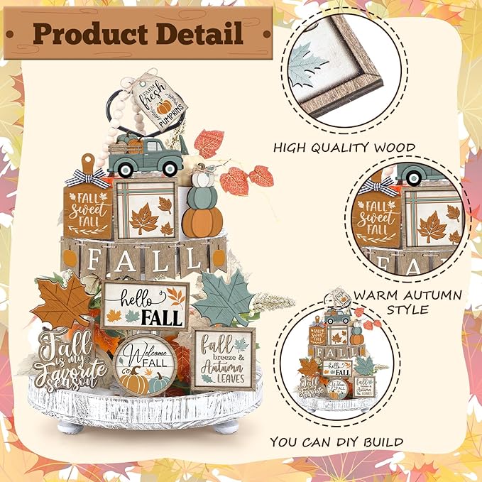 21 Pcs Thanksgiving Fall Tiered Tray Decoration Set Autumn Table Sign Pumpkins Farmhouse Decor Gnome Maple Leaves Centerpieces Harvest Wood Blocks Signs Fall Block Tabletop for Autumn