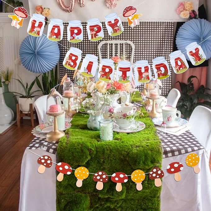 SUNBEAUTY Mushroom Birthday Banner - Mushroom & Fairy Party Decorations | Pre-Strung