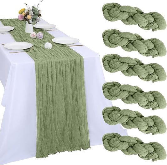 6 Pack Sage Green Cheesecloth Table Runner 10FT Boho Gauze Fabric Table Runner 35 x 120 Inch Rustic Sheer Runner for Centerpiece Wedding Decor Baby Shower Party Boho Table Decoration