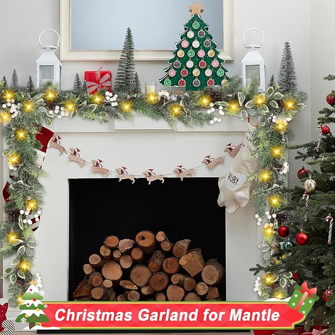 Artgar 6 Ft Christmas Garland, Pre-Lit Christmas Garland - Artificial Garland Christmas Decorations with 30 LED Lights Decorated with Pinecones, Berries for Mantels Dining Tables Porch Decor (White)