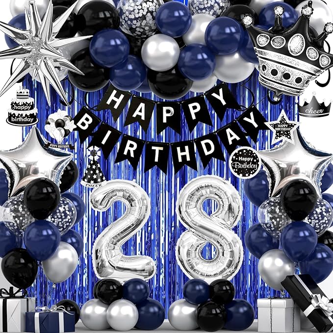 28th Birthday Decorations for Men and Women, Black Blue Silver Happy Birthday Number 28 Balloons, Banner, Fringe Curtains Garland Kit - 28 Year Old Party Supplies