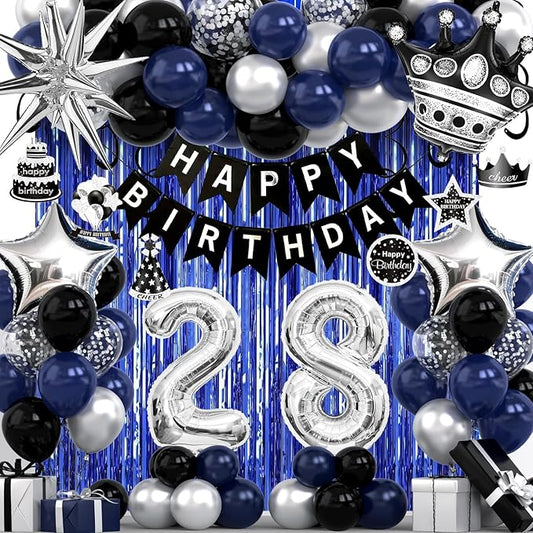 28th Birthday Decorations for Men and Women, Black Blue Silver Happy Birthday Number 28 Balloons, Banner, Fringe Curtains Garland Kit - 28 Year Old Party Supplies