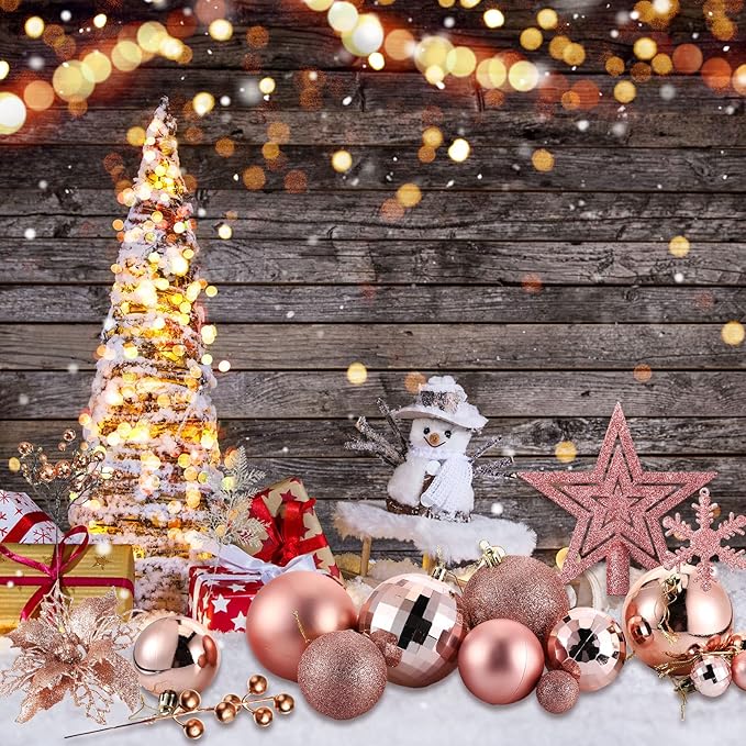 Sratte 94 Pcs Christmas Tree Decorations Set, Christmas Tree Ball Ornaments Glitter Poinsettia Flowers Decorations Glitter Berries Stems for Xmas Holiday Wedding(Rose Gold)