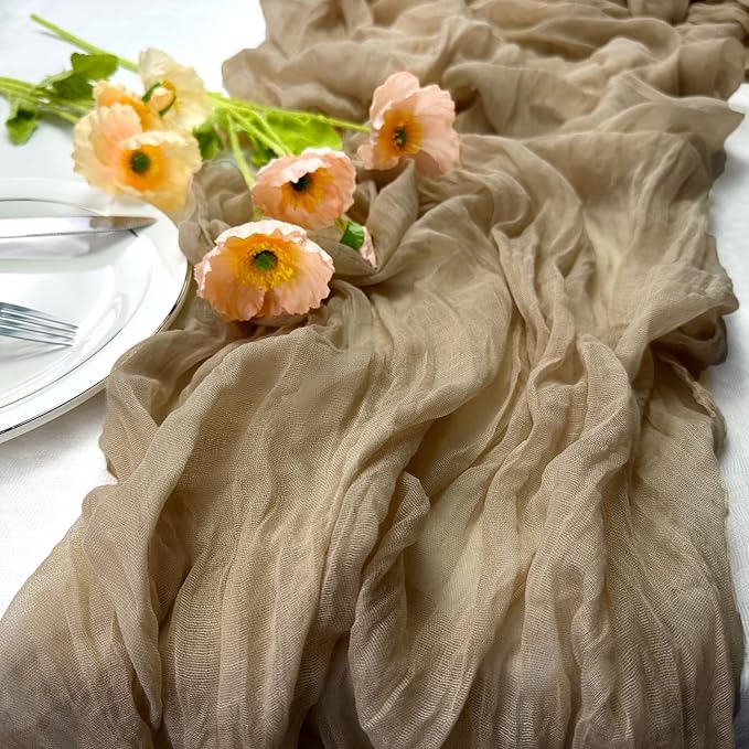 Booque Valley Nude Cheesecloth Table Runner 120 Inch 10ft Super Soft Boho Wrinkled Gauze Sheer Cloth for Baby Shower Birthday Bridal Shower Wedding Centerpiece Table Decoration, 6 Pack, Tan