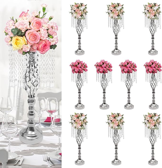 Wedding Centerpieces Gold Vases,10PCS Metal Flower Candle Holder with Sparkling Crystal Beads,Crystal Flower Vase Metal Flowers Stand for Party Tables Decorations (10pcs-Sliver-14cm)