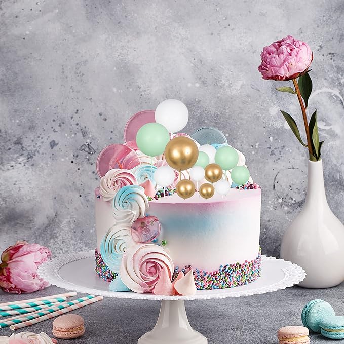 Gyufise 30Pcs Balls Cake Topper Mini Balloons Cupcake Topper DIY Cake Insert Topper Foam Cake Balls Baking Decoration for Wedding Anniversary Valentines Day Birthday Party Green Gold White