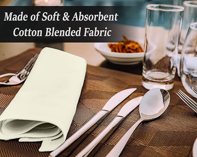 Ruvanti Cloth Napkins Set of 12, 18x18 Inches Napkins Cloth Washable, Soft, Durable, Absorbent, Cotton Blend. Table Dinner Napkins Cloth for Hotel, Lunch, Restaurants, Wedding Parties - Ivory/Cream