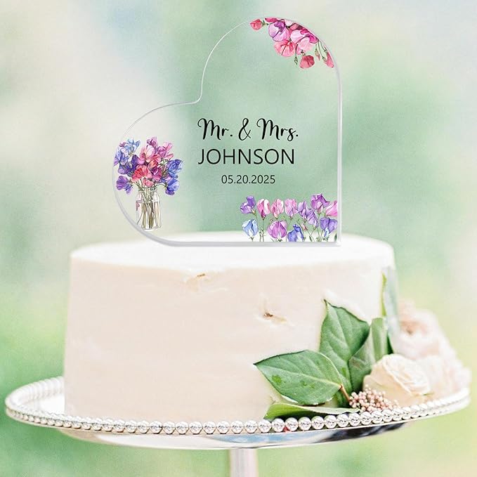Custom Wedding Heart Acrylic Plaque,Mr & Mrs Cake Topper,Personalized Wedding Keepsake/Gift/Sign (Style 12)