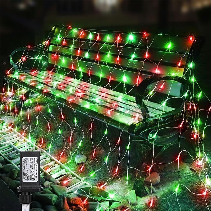 11.5ft x 5ft Christmas Net Lights Outdoor, 360 LED Net Lights with 8 Modes, Connectable, Timer, Waterproof Low Voltage Bush Mesh Fairy String Light for Yard Bush Christmas Indoor Decor (Red & Green)