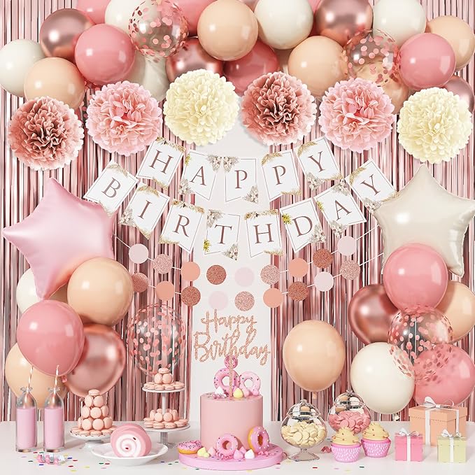 Pink Birthday Decorations for Women, Boho Dusty Pink Rose Gold Blush Beige Latex Balloons Happy Birthday Banner Foil Fringe Curtain Tissue Paper Pompom for Woman Girls Party Decoration Supplies