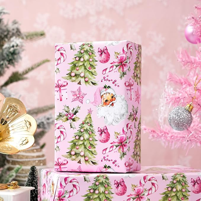 PlandRichW Pink Christmas Wrapping Paper - Vintage Watercolor Santa with Gingerbread, Candy Canes & Bows - 40×28 Inch Xmas Gift Wrap, 4 Folded Sheets for Kids & Adults