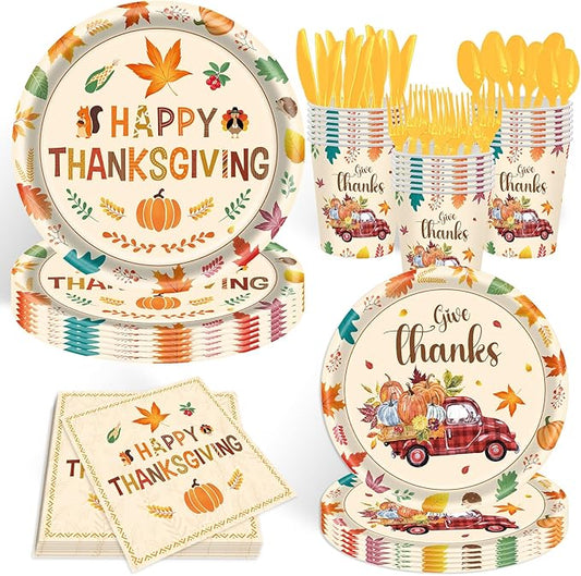 140pcs Thanksgiving Party Decorations Happy Fall Maple Leaves Plates and Napkins Tableware Set for Fall Harvest Thanksgiving Birthday Halloween Party Decorations