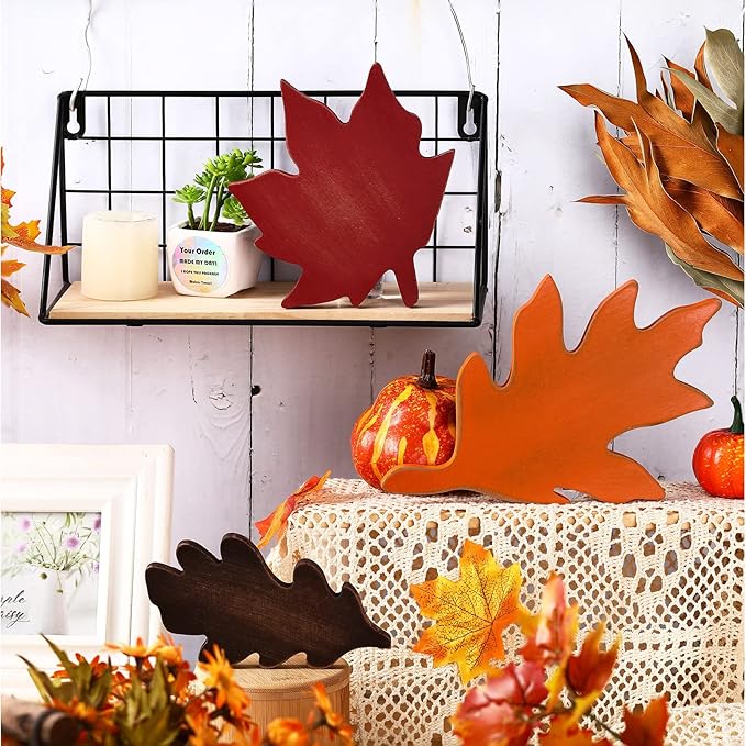 Qunclay 3 Pcs Fall Thanksgiving Decor Maple Leaves Wood Sign Autumn Leaves Wooden Table Centerpieces Fall Tiered Tray Decor Decorations for Thanksgiving Home Table Desk