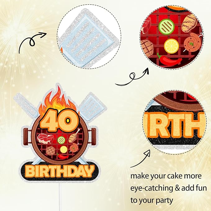Barbecue Cake Topper 40th Birthday Happy BBQ Sausage Decorations for Men and Women Birthday Party, Summer Outdoor Picnic Party, Anniversary Friends Family Event Gathering Cooking Grill Decoration