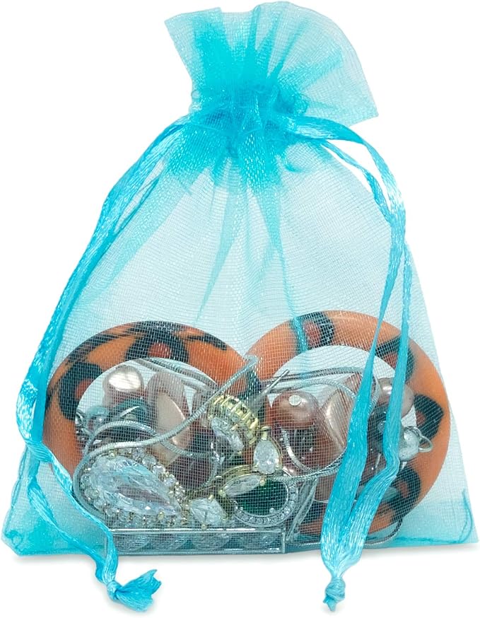 TheDisplayGuys 100-Pack 3x4 Turquoise Blue Sheer Organza Gift Bags with Drawstring, Jewelry Candy Treat Wedding Party Favors Mesh Pouch