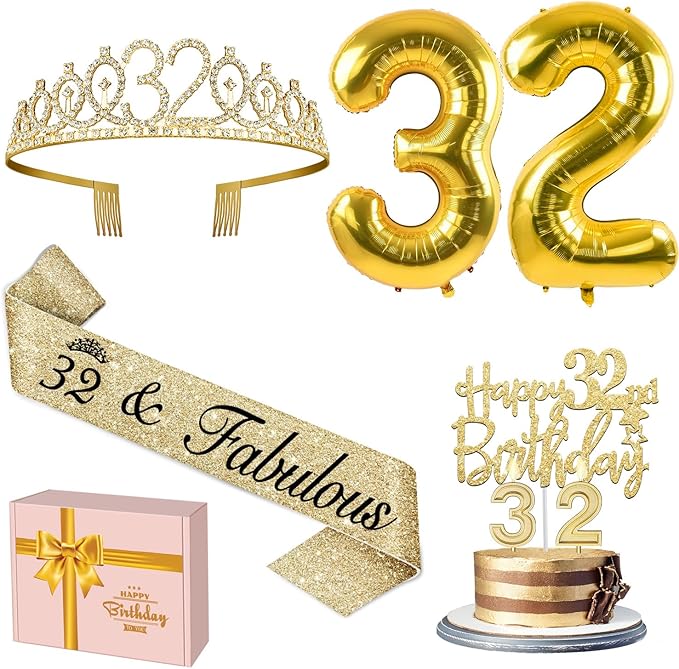 32nd Birthday Decorations for Women Gold with 32 Birthday Sash and Tiara, Cake Topper and Candles, Number Balloons, 32 Year Old Gifts for Women
