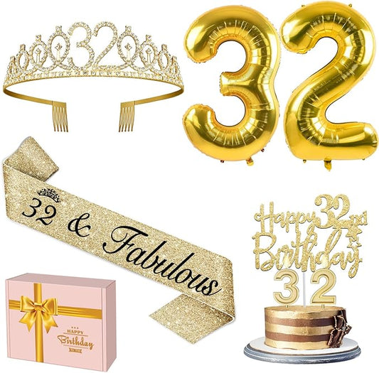32nd Birthday Decorations for Women Gold with 32 Birthday Sash and Tiara, Cake Topper and Candles, Number Balloons, 32 Year Old Gifts for Women
