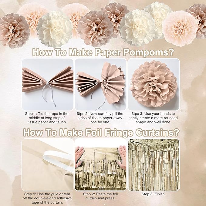 Beige Brown Birthday Decorations for Women, Gold Neutral Cream Sand White Party Balloon Kit with Boho Happy Birthday Banner Fringe Curtain Background Pom Pom Cake Topper for Boy Girl Men Bday Supplies