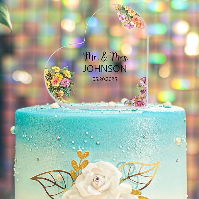 Custom Wedding Heart Acrylic Plaque,Mr & Mrs Cake Topper,Personalized Wedding Keepsake/Gift/Sign (Style 14)