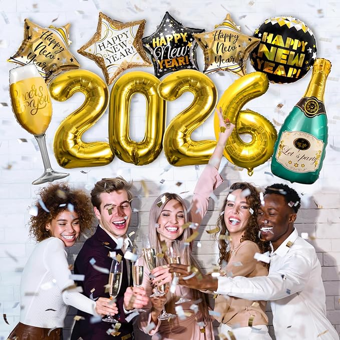 Happy New Years Eve Party Supplies 2026, 11 Pcs Foil Balloon New Years Decorations Set