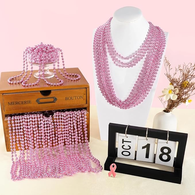SHAOQINLIN 30 PCS Pink Bead Necklace, 33" Pink Mardi Gras Beads, Breast Cancer Awareness Beaded Necklaces, Party Beads for Mardi Gras, Christmas, Valentine's Day, Wedding, Gender Reveal Party Favors