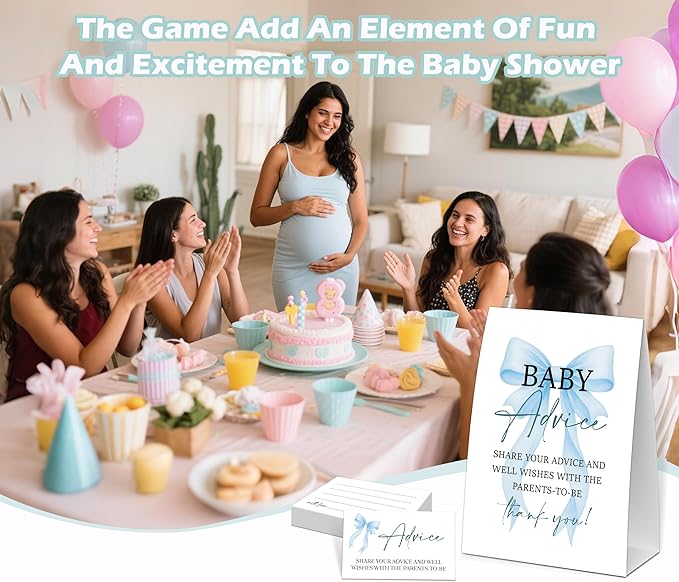 Blue Bow Baby Shower Advice for Parents To Be, Baby Shower Game, Include One 5×7 Sign and 50 Advice Cards, Blue Coquette Bow Gender Reveal Party Decoration Supplies - FH02