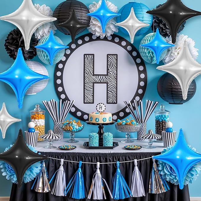 Black Blue Silver Star Balloons,12Pcs Four Angle Star Foil Balloons,26Inch and 10Inch Black Silver Blue Quadrangle Helium Balloon for Birthday Anniversary Party Decorations