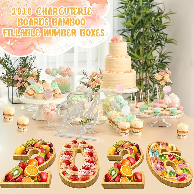 4 PCS 2026 Charcuterie Boards Wooden Numbers Fillable Boxes Reusable Christmas Serving Tray for Party Tabletop Decoration Fruits Platters Dish Plates for Birthday Wedding 2026 New Year Holiday Supply