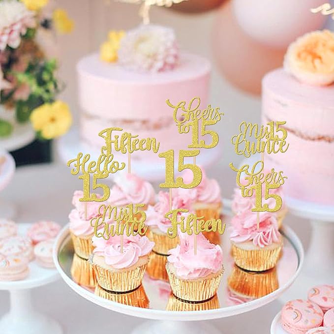 30PCS Happy 15th Birthday Cupcake Toppers Glitter Fifteen Mis Quince Hello 15 Cupcake Picks Cheers to 15 Birthday Decorations for 15th Birthday Anniversary Party Cake Decoration Supplies Gold