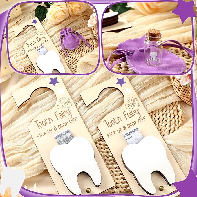 Tooth Fairy Holder Bag Hanger with Money Slot Keepsake Bottle Velvet Pouch Tooth Fairy Box Encourage Gift for Lost Teeth Boy Girl Milk(Classic,Purple)