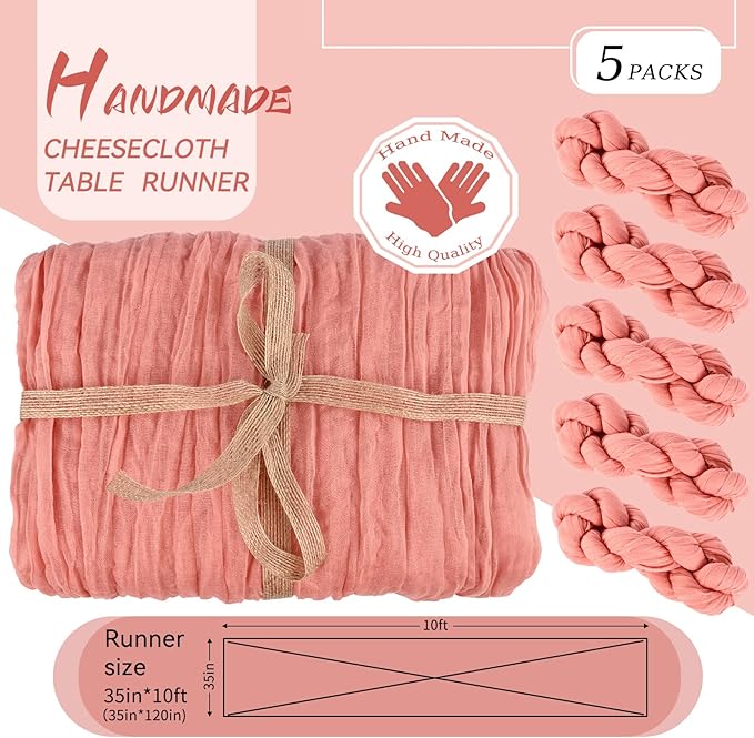 5 Packs Cheesecloth Runner Peach Coral, 35x120 Inch Rustic Gauze Boho Wedding Decoration, 10Ft Table Cloth for Party Bridal Shower