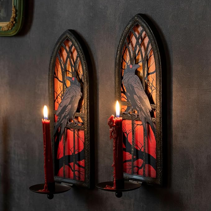 Gothic Wall Candle Sconces Set of 2, Wrought Iron Crow Wall Mounted Candelabra Holder with Removable Trays for Taper & Pillar Candles, Medieval Cathedral Window Design, Dark Academia Decor