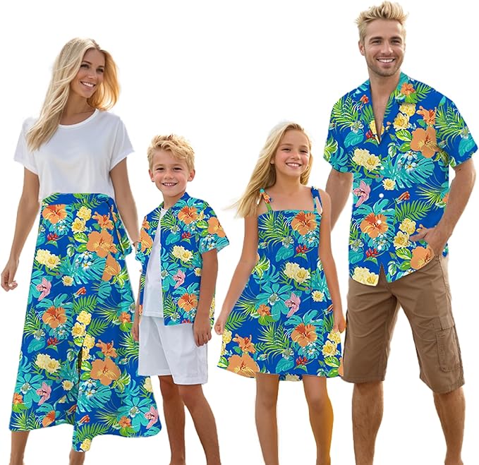 Cromoncent Matching Hawaiian Outfits for Family, Dad and Son Matching Luau Beach Tropical Shirts Mommy Daughter Tropical Sets