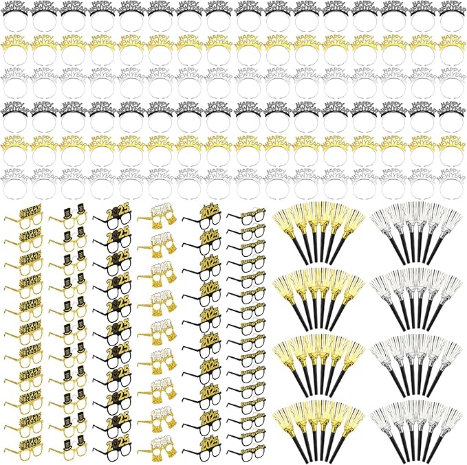 144 Pcs 2025 New Years Eve Party Supplies Include Happy New Year Headband Glasses Long Short Fringed Noise Makers for Holiday Party Favor Gift Accessories Adult