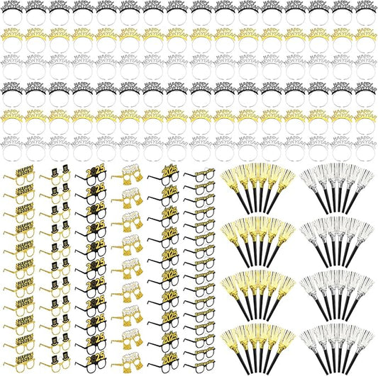 144 Pcs 2025 New Years Eve Party Supplies Include Happy New Year Headband Glasses Long Short Fringed Noise Makers for Holiday Party Favor Gift Accessories Adult
