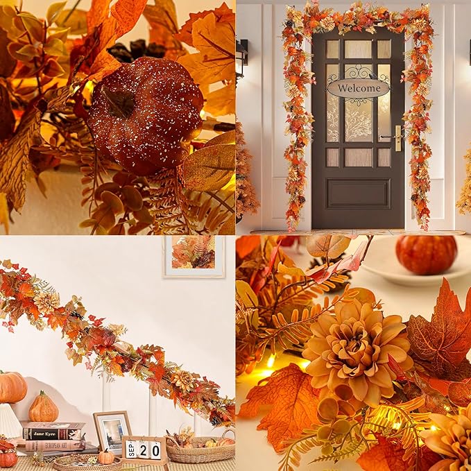 6ft Fall Maple Leaves Garland with Fern, Willow Stems, Berry, Pumpkins, pinecones. Artificial Autumn Harvest Garland for Festivals, Thanksgiving, Halloween, Fireplace Porch Indoor Outdoor Decoration