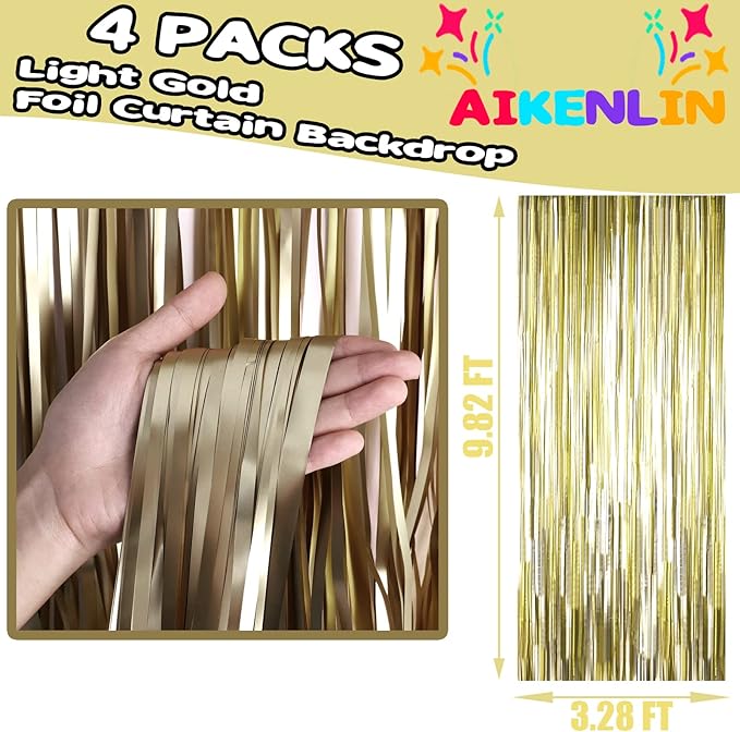 4 Pack 3.2Ft x 9.8Ft Light Gold Foil Fringe Curtain Backdrop, Metallic Tinsel Foil Fringe Streamers Curtains for Party, Photo Booth Props, Birthday, Wedding, Christmas Decoration Supplies