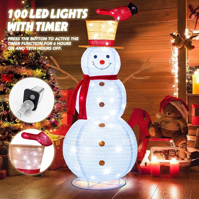 NALONE 4FT Lighted Snowman Christmas Decoration, Cool White Collapsible Snowman with LED Lights and Timer for Outdoor Yard Home