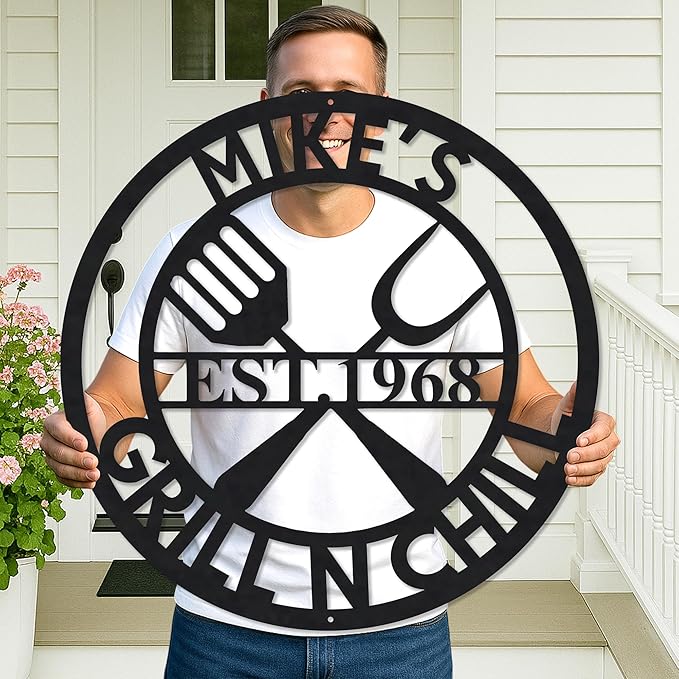 Customized BBQ Grill Name Sign - Outdoor Kitchen Metal Wall Art - Man Cave, Backyard Bar Hanging Decor - Gifts for Dad, Husband, Grandpa, Pop - Father's Day Accessories