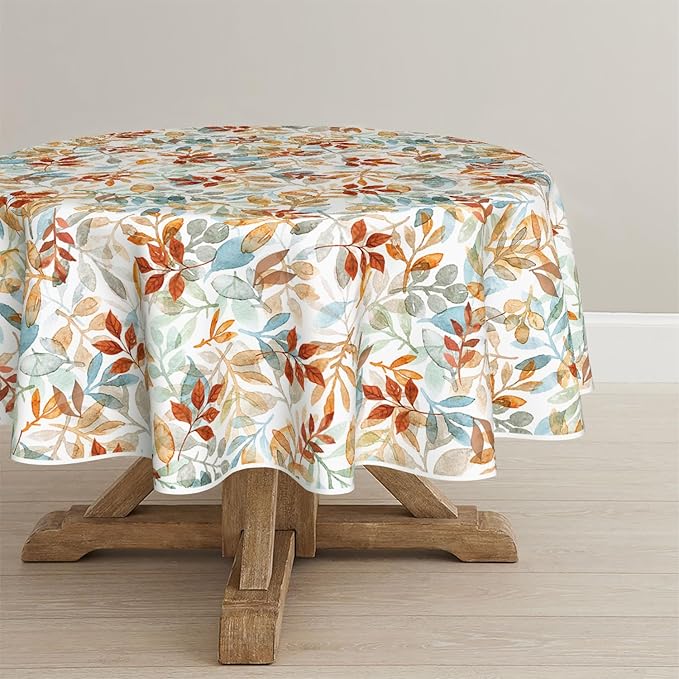 Horaldaily Fall Tablecloth 70x70 Inch Round, Thanksgiving Autumn Harvest Orange Blue Watercolor Leaf Table Cover for Party Picnic Dinner Decor