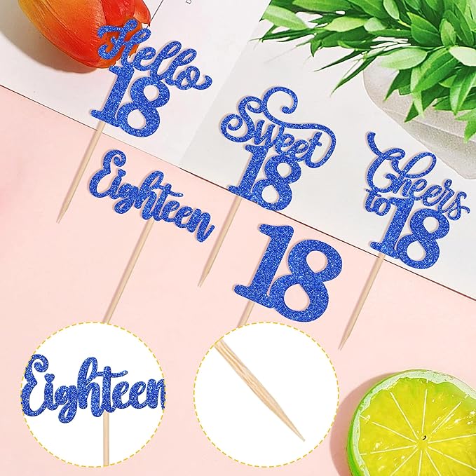 30PCS Happy 18th Birthday Cupcake Toppers Glitter Eighten Sweet 18 Hello 18 Cupcake Picks Cheers to 18 Birthday Decorations for 18th Birthday Anniversary Party Cake Decoration Supplies Blue