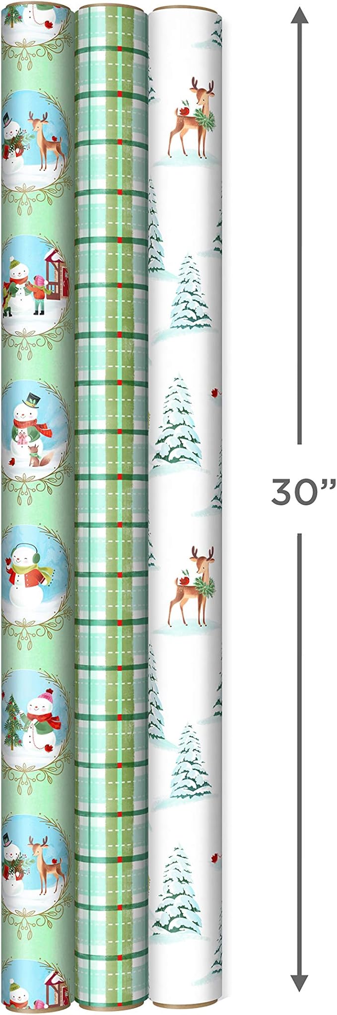 Hallmark Christmas Wrapping Paper Rolls, Holiday Gift Wrap (Pack of 3: 120 sq. ft. ttl) Storybook Critters, Snowmen, Green and Blue Plaid