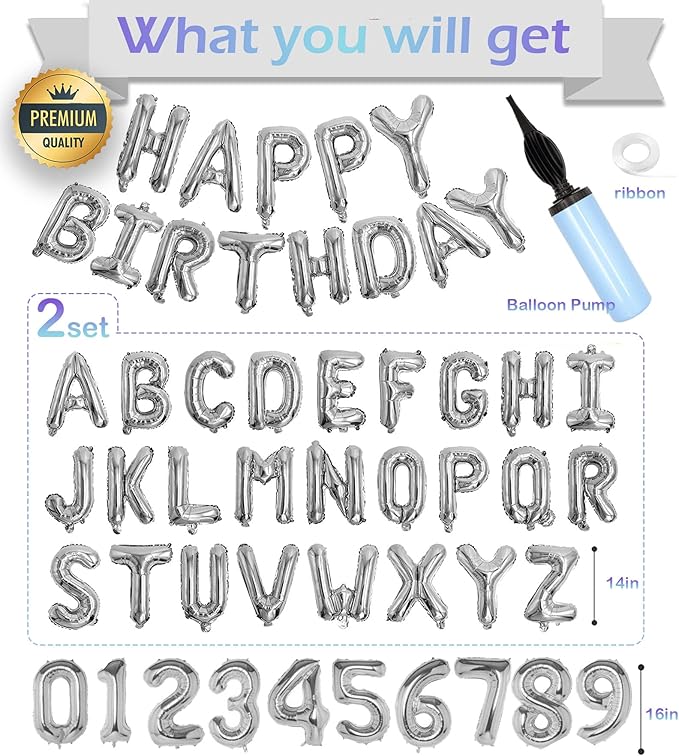 76pcs Happy Birthday Balloon Banner, Silver Balloons Letters, Personalized 16" Mylar Foil Birthday Decorations includes 2 Sets A- Z, 1 set Number 0-9 and "HAPPY BIRTHDAY" letters (with Balloon Pump)