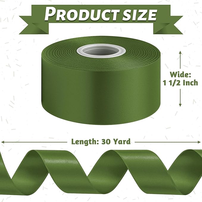 Fullive Army Green Christmas Ribbon, 1 1/2 Inch 30 Yards Ribbons for Crafts, Polyester Satin Ribbon for Gift Wrapping for St. Patrick's Day Christmas Decorations Wrapping Bouquet Floral Arrangements