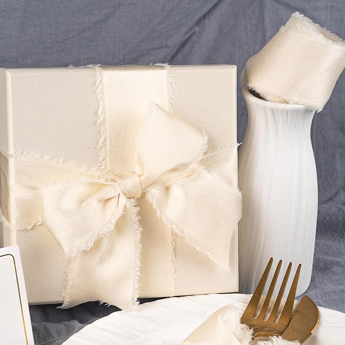 Satin Silk Ribbon, Ivory White Ribbon for Wrapping, 1-1/2 inch x 15 Yd Handmade Frayed Fringe Ribbon, for Wedding Engagement Birthday Showers Craft Flower Bouquet Invitation Decor, 3 Rolls