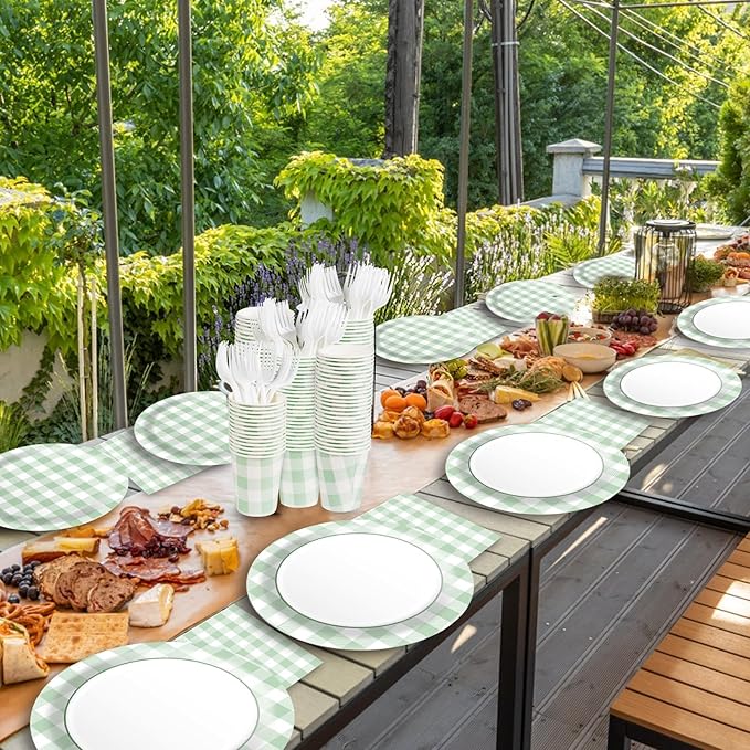 Sage Green Gingham Disposable Plates and Napkins Party Supplies, Green and White Tableware Set Green Plaid Paper Plates for Birthday Family Dinner Picnic BBQ Baby Shower Wedding Decor Serves 25