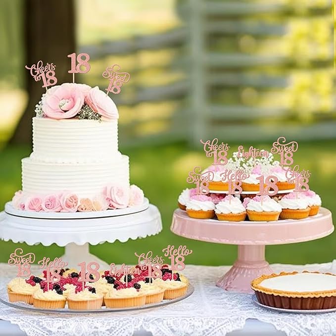 30PCS Happy 18th Birthday Cupcake Toppers Glitter Eighten Sweet 18 Hello 18 Cupcake Picks Cheers to 18 Birthday Decorations for 18th Birthday Anniversary Party Cake Decoration Supplies Rose Gold
