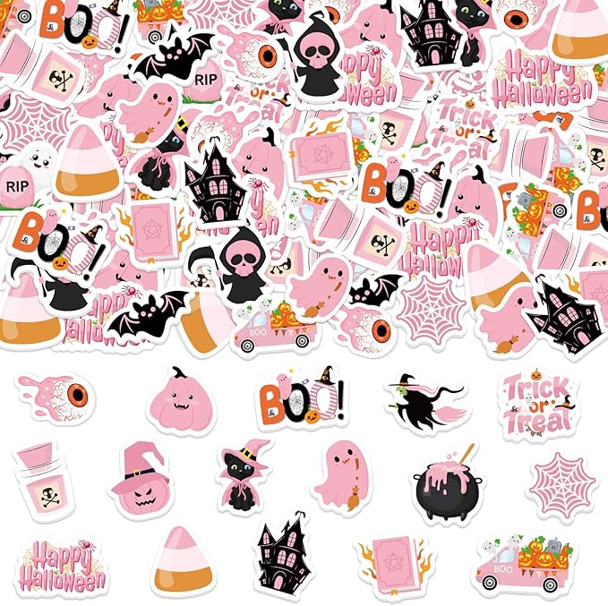 300Pcs Halloween Foam Stickers, Self-Adhesive Pink Ghost Witch Pumpkin Stickers Halloween Decals Sticker Decorations for Home Office School Classroom DIY Art Craft Party Supplies