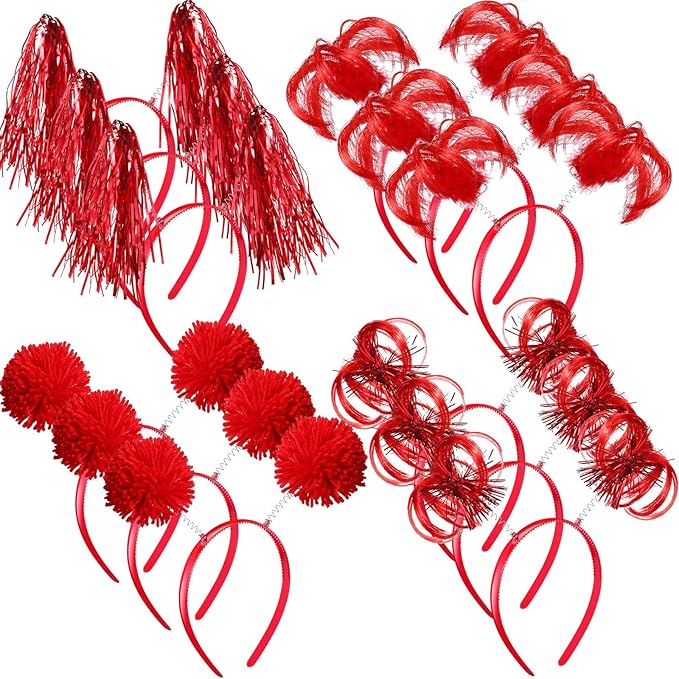 Censen 12 Pcs Christmas Pom Pom Headbands Spirit Party Headwear Tinsel Ponytails Head Bopper for Birthday Holiday